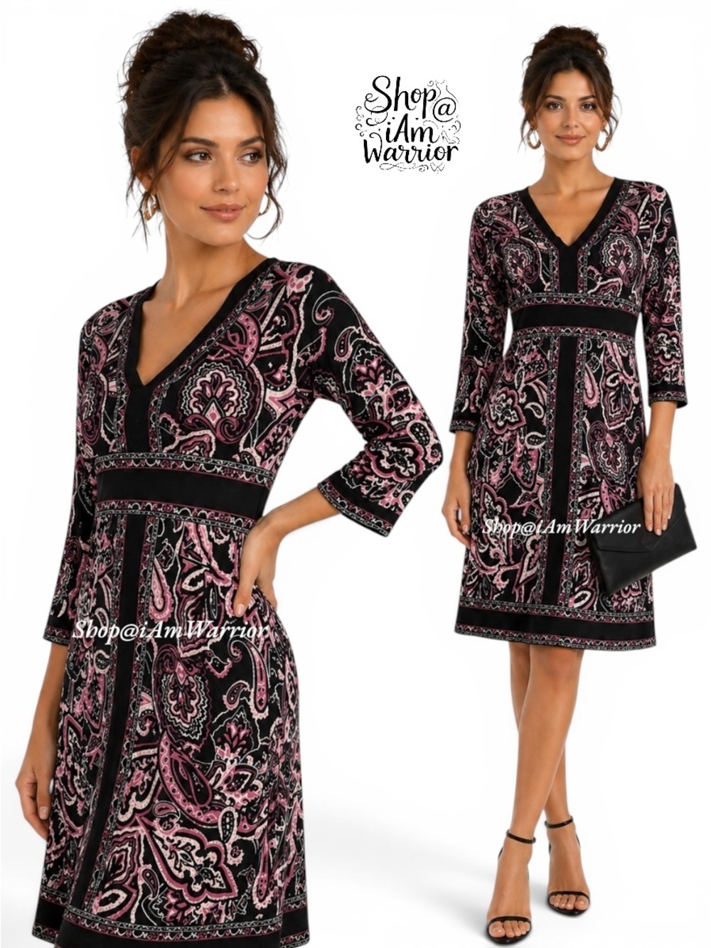 INC boho v-neck stretchy black & hot pink paisley print dress *shop@iamwarrior